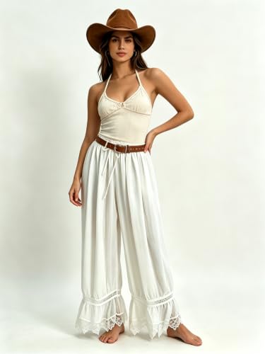 Image of UAURORAO Women Lace Trim Bloomer Pants Flowy Culottes Pantaloons Bloomers