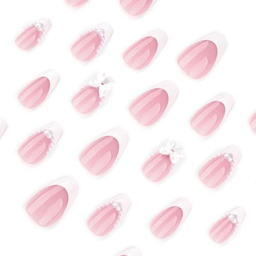 Image of Secret Lives Acrylic Press on Nails Reusable Artificial Designer Fake Nails Extension Pink 24 Pieces Set with Kit (White Pearl, Pink)