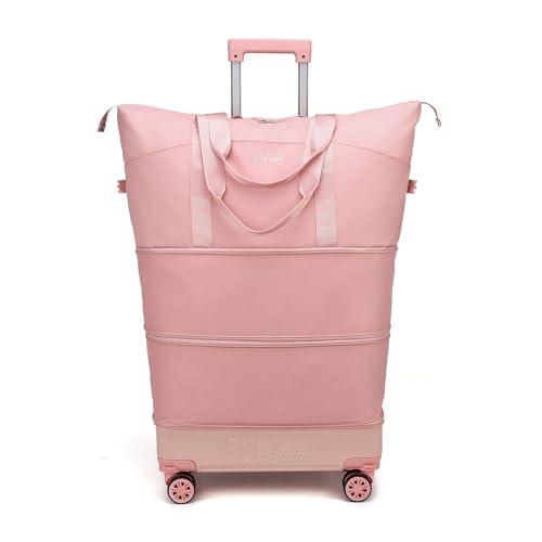 Expandable Foldable Travel Bag with Detachable Wheels & Telescopic Handle, Large Waterproof Rolling Duffel Tote for Women and Men (Pink)