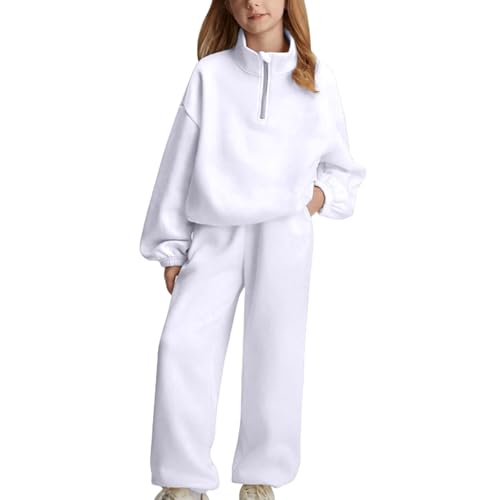 Girls Half Zipper Sweatshirts Set Plain Fleece 2 Piece Baggy Sweatpants Pullover Tops Sweatsuits (White, 11-12 Years)