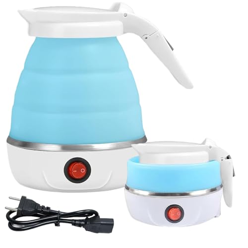 AUTOWNLUX Hervidor de agua de silicona plegable, 0,6 L, hervidor eléctrico portátil, hervidor de agua mini plegable, 5 minutos, cocina rápida, para exteriores, camping, senderismo (azul)