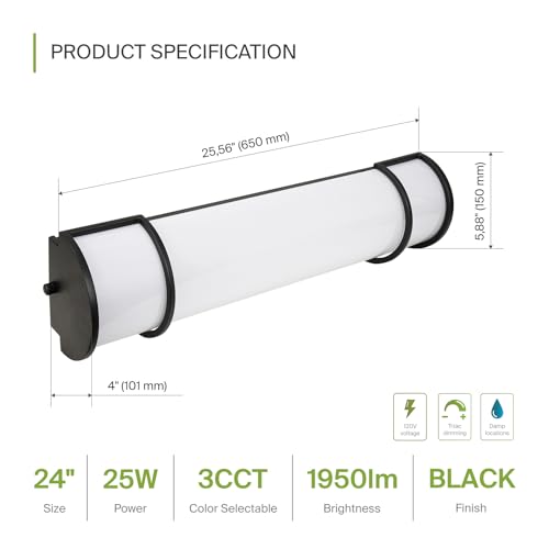Image of ASD LED 24 inch Vanity Flush Mount Light Fixture, Linear Bathroom Lighting Bar | 3CCT, Dimmable, Energy Star, ETL Listed | 25W 1950LM 3000-5000K 120V | Long Tube Bath Wall Sconce Over Mirror | Black