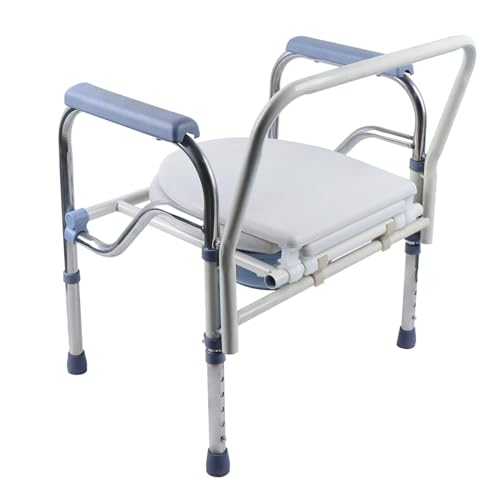 Chaise percée mobile en acier inoxydable - Hauteur réglable - Léger - Couvercle de chaise pour personnes âgées et handicapées - Siège de toilette antidérapant avec accoudoirs rembourrés - 150 kg -