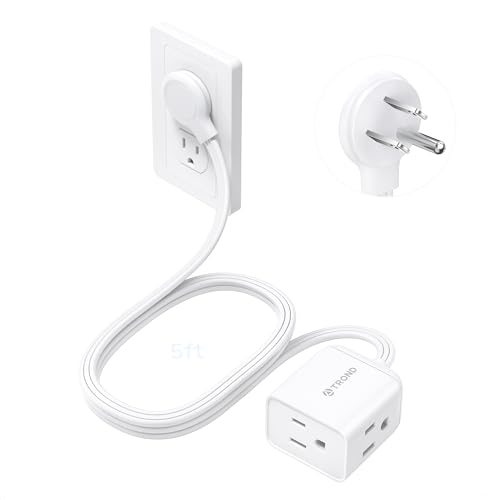 Image of TROND Flat Plug Extension Cord 5 ft- Rightward Lower Profile Power Strip, No Blocking 3 Way Outlets, Three Prong, 1625W, Small for Tight Space Behind Furniture Indoor Home Office Cruise Travel, White