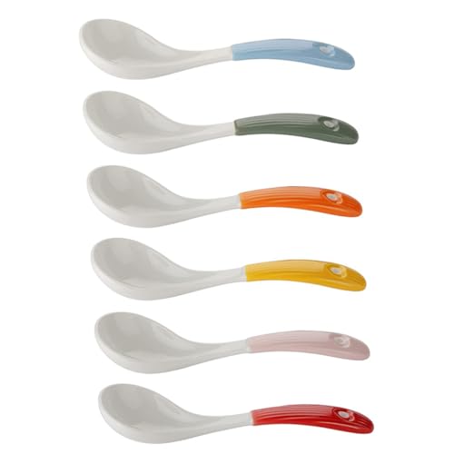 Ipetboom 6個 色 陶瓷中華スープスプーン 軽量ショートハンドル設計 滑らか表面 食卓用家向けスプーン 汁物 お粥対応 小型収納便利