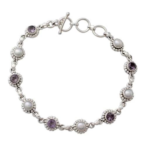 NOVICA Artisan Handmade Cultured Pearl Amethyst Link Bracelet Sterling Silver Purple White India Floral Birthstone [bracelet 7.75 in min L x 8.75 in max L 8 mm W] ' Petite Flowers'