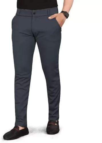 Image of Men's Slim Fit Formal Trousers with Mid-Rise Waist and Lycra Blend | Solid Pattern and Button Closure | Ideal for Office, Business, and Everyday Wear