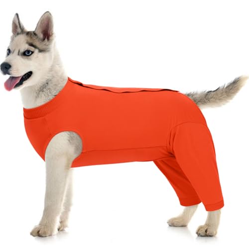 Image of Kuoser Dog Recovery Suit with Anti Licking Rear Leg Sleeve, Orange L | Abdominal Dog Surgical Suit with Pants Cover Protect Wounds, Dogs Elbow Protector Soft Pet Surgery Onesie Cone Alternative