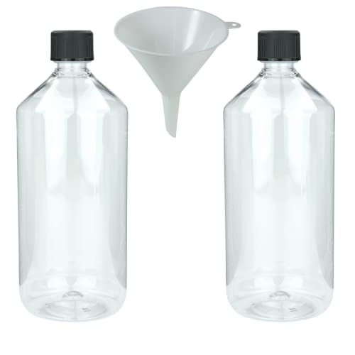 mikken 2 x Laborflasche 1000 ml aus transparentem Kunststoff (PET), Apothekerflasche, Veralflasche inkl. Einfülltrichter
