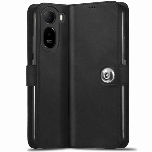 Image of TheGiftKart Genuine Leather Finish Flip Back Cover Case for Mi Redmi A7 Pro /Poco C85x 5G / C81 | Inbuilt Pockets & Stand | Designer Button Magnet Flip Back Cover Case (Faux Leather, Black)