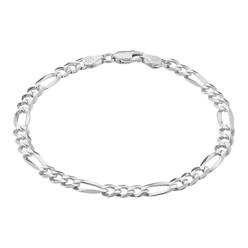 KISPER Mens Sold 925 Sterling Silver Bracelet - 5mm Cuban Link Curb Chain & Figaro Link Bracelets for Men - Sizes 6.5,7,8,9 Inch