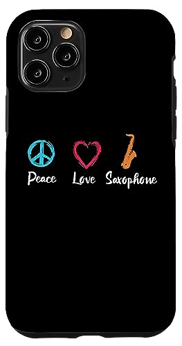 Peace Love Saxophone �W���Y�~���[�W�b�N �X�}�z�P�[�X iPhone 11 Pro �p