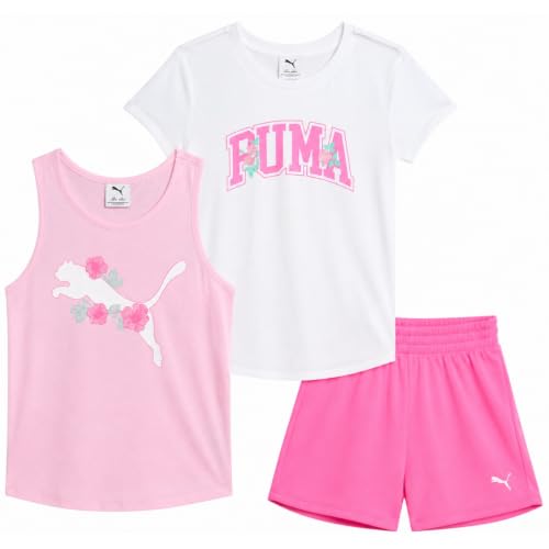 Image of PUMA Girls Active Shorts Set - 3 Piece Performance T-Shirt, Tank Top, Gym Shorts - Summer Athletic Outfit for Girls (7-14)