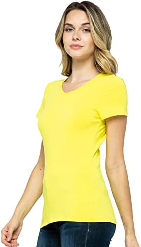Women's Basic Solid Active Soft Cotton Short Sleeve V Neck Slim Fitted Top T-Shirts in Yellow - L