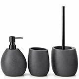 LARDECOR - Set de Baño Moderno de 3 Piezas, Accesorios de Resina | Dispensador de Jabón 520 ml + Vaso para Cepillos de Dientes + Escobilla de Inodoro, Juego de Aseo Diario, Libre de BPA (Negro Arena)