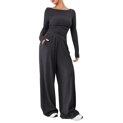 Women's Lounge Wear Sets UK Soft Stretchy 2 Piece Tracksuit Crop Tops with Drawstring Wide Leg Trousers Co Ord Sets Streetwear Lounge Pyjamas (B Grey, M)