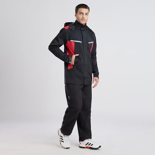 Image of ZEEL Raincoat with Adjustable Hood, Polyester Waterproof Full Sleeves, Backpack Friendly Pleate, Top and Bottom Set Rainwear, Front Zip with Snap Button Flap (EJS502, Black-Red, XXL)