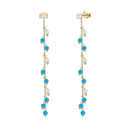 Pendientes colgantes 925, aretes de oro, borla larga de moda con turquesa y perla, joyería para mujer, 69MM, Sin piedra preciosa