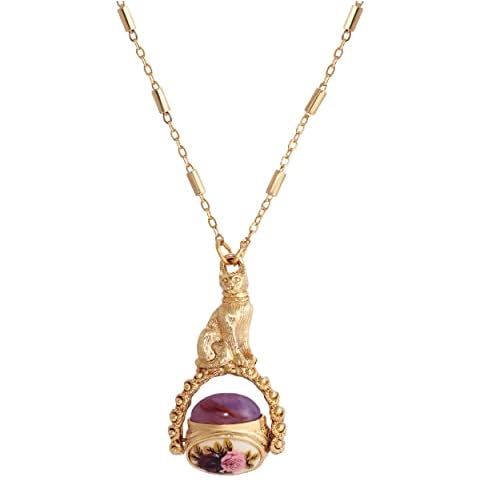 1928 Jewelry Manor House Pink & Purple Stone Spinner Cat Pendant Necklace 30", Romantic Roses Vintage Victorian Inspired Aesthetic, 14K Gold Dipped, Made in USA Cover
