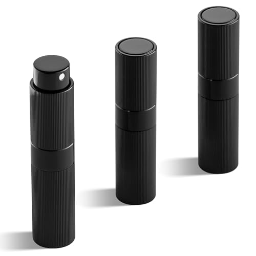 Toureal 8 ml 3 Pieces Aluminium Perfume Atomiser Refillable Empty Pinstripe Travel Atomiser Bottle for On the Go (Black)