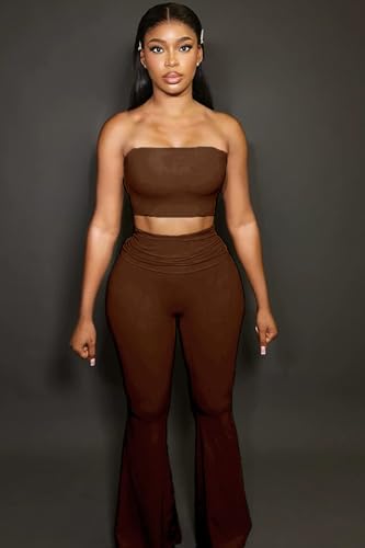 Image of Sexy Women's 2 Piece Lounge Sets Pajama Outfits Casual yoga Crop tube Top High Waist Wide Leg Foldover Flare Pants