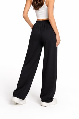 Image of Brooklyn New York Graphic Wide Leg Sweatpants, Black, Drawstring Elastic Waist with Pockets