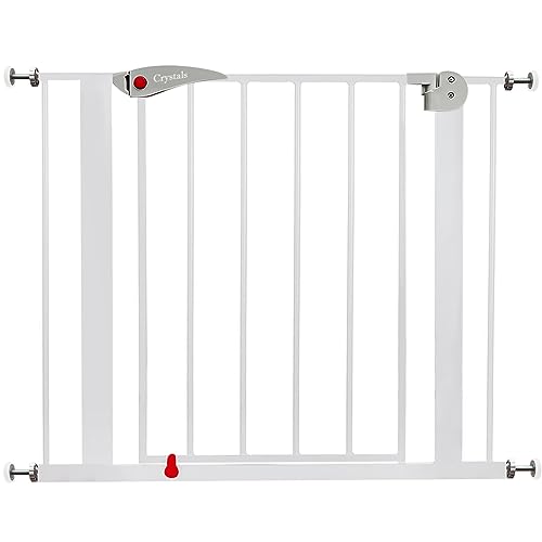 Baby Gate for Doors and Stairs, 10 cm Extension, Stair Gate Pressure Fit - No Screws, Child Stair Gate for Widths 75 to 85 cm, Dog Safety Gate One-Handed Opening to Both Sides, Metal, White/Grey