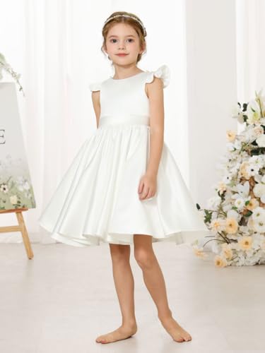 Girl's Short Sleeve Glossy Satin O-Neck Flower Girls Dresses V-Back Toddlers Tutu Dance Pageant Party Mini Dress2