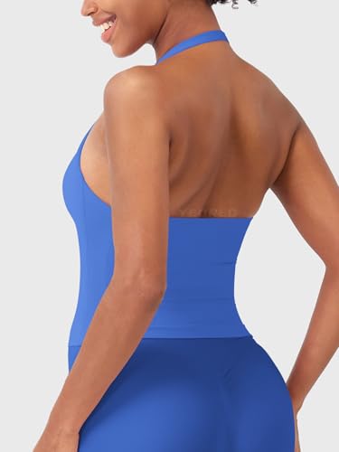 Image of YEOREO SoftHue Women's Impact Halter Tank Top Longline Backless Scoop Neck Built-in Bra Sports Workout Gym Crop Top