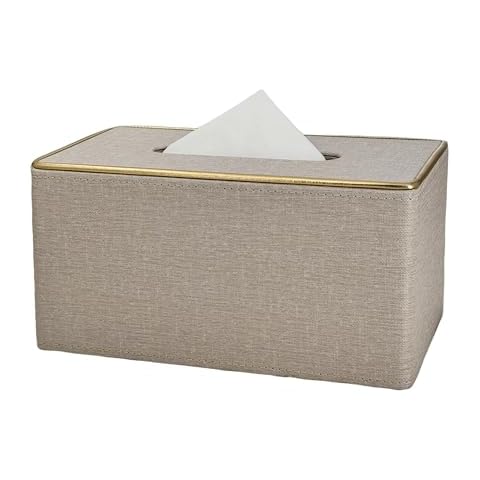 Arniche Linen Pattern Leather Cube Tissue Box Cover,Rectangle Tissue Holder with Gold Edging Decoration,Table Napkin Case Dispenser with Velcro Bottom for Office,Home or Hotels etc(Beige Plus) ﻿ Cover