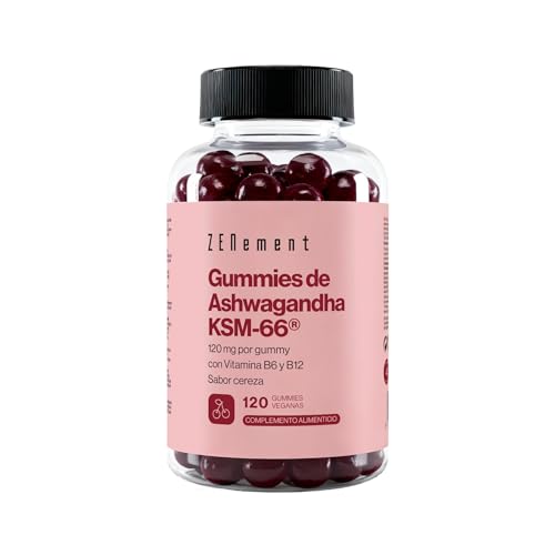 Gummies de Ashwagandha KSM-66® con Vitaminas B6 y B12-1500 mg de Raíz de Ashwagandha (120 mg de Extracto por Gummy) - 120 Gummies Veganas Sabor Cereza - 4 Meses de Suministro – Zenement