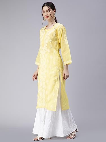 Image of Seva Chikan Hand Embroidered Lucknowi Chikankari Appricot Cotton Kurta Kurti for Women SCL4321