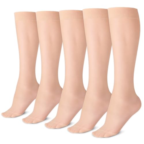Dzpuhuojz 5 Pairs Pop Socks Women Knee High 30 Den Sheer Womens Compression Holdup Socks Tight High Nylon Stockings Comfortable Transparent Ladies High Socks (Nude)