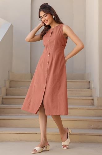 Image of Janasya Women's Rust Linen Cotton Solid A-line Dress