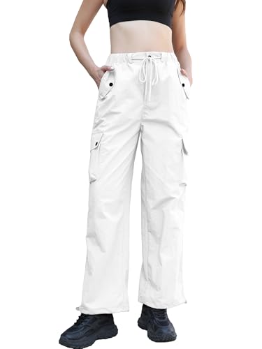 Image of Betusline Girls & Women's High Waist Wide Leg Cargo Pants Y2K Parachute Pants with Pockets and Drawstring 6 Years-Women 2XL