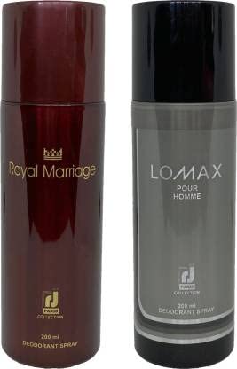 R J PARIS ROYAL MARRIAGE + LOMAX POUR HOMME COMBO PACK Deodorant Spray - For Men & Women (400 ml, Pack of 2)