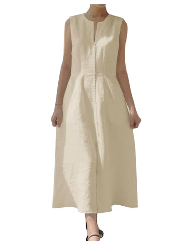 Image of Ladyful Women's Sleeveless Cotton Linen Midi Dress V Neck A Line Tank Dress