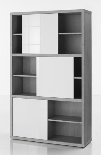 Composad | Bibliothèque haute de la ligne pratique avec 3 portes coulissantes, bibliothèque...
