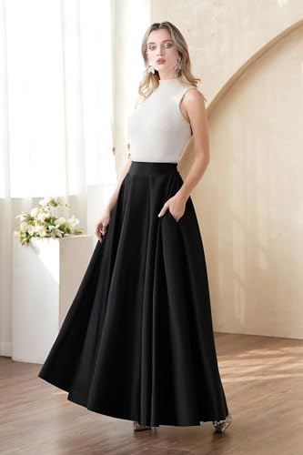A-Line Satin Front Flated Back Elastic Formal Prom Party Maxi Skirt for Women with Pockets3