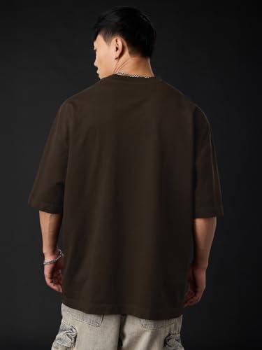 Image of The Souled Store Popeye: Wings Men and Boys Short Sleeves Round Neck Brown Graphic Printed Cotton Oversized Heavy Gauge Fabric Drop Shoulder Streetwear All-Season T-Shirt