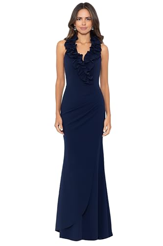 Xscape Women's Elegant V-Neck Scuba Crepe Dress with Ruffle Detail and Center Back Zipper