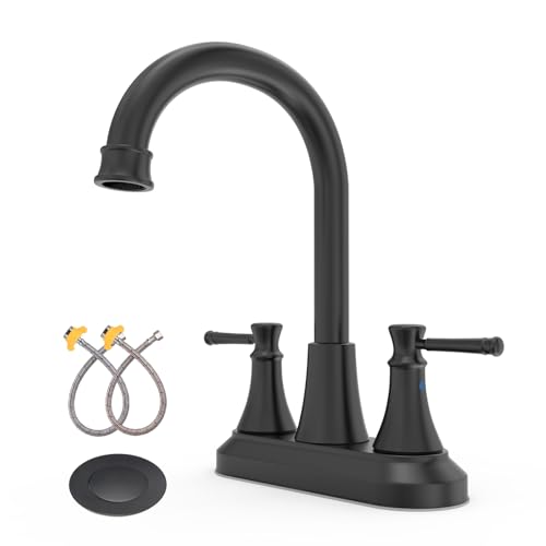 Black Bathroom Sink Faucet,GOWIN Bathroom Faucets for Sink 3 Hole,4 Inch 2 Handle Centerset Bathroom Faucet with Pop Up Drain and Water Supply Lines,360 Swivel Spout Rv Bathroom Faucet