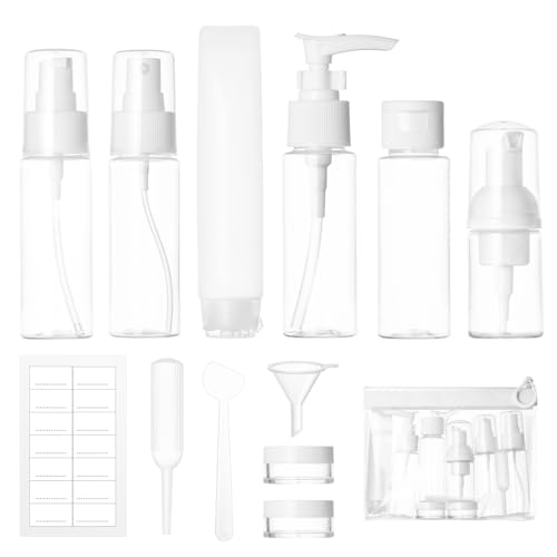 Lot de 12 Flacon Voyage kit, Contenant de Voyage à Remplir 30/50 ml, Flacons Pulvérisateurs Vides Transparents, Petite Boîte de Crème, Distributeur de Mousse Savon Shampoing, Accessoire Voyage Avion