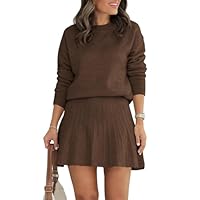Tankaneo Womens Skirt 2 Piece Sweater Set Long Sleeve Crewneck Sweaters Pleated Mini Skirt Knit Lounge Sets