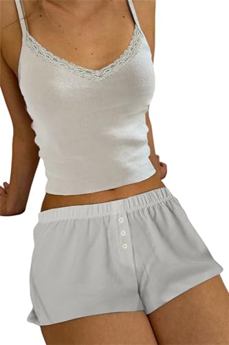 Image of Yuemengxuan Women Two Piece Outfits Y2k Boy Shorts Set Sleeveless Crop Top Button Down Shorts Set Loungewear Pajamas Set
