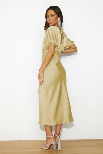 Image of Summer Satin V Neck Puffy Sleeves Empire Waist Midi Dresser Silk Sexy Tie Back Formal Cocktail Dresser for Women Wedding