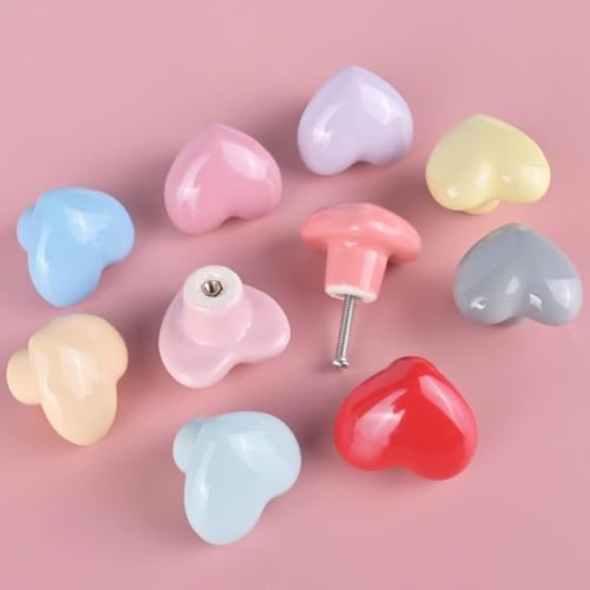 Colorful Ceramic Knobs, Pack of 10, Heart Shape