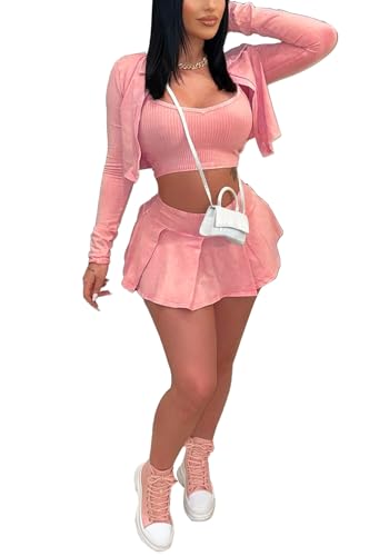 Lucuna Women's Suit 3 Piece Outfits Sexy Crop Jacket Bandeau Top and Mini Skirt Streetwear