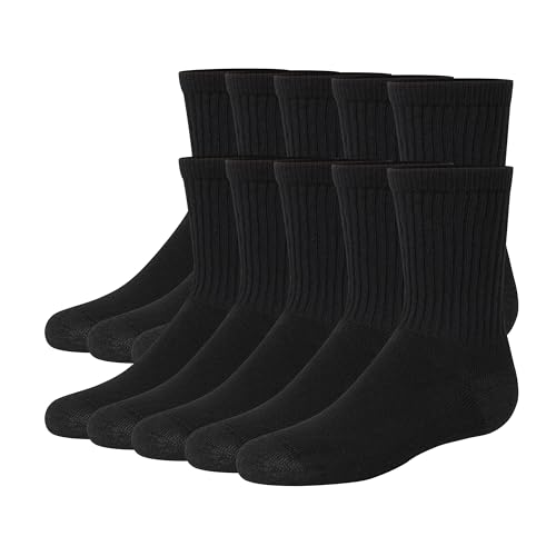 Hanes Boys' Big Uniform Crew, Moisture-Wicking Socks, Cushioned Foot Bottoms, 10-Pairs, Black-12 Pack, Medium