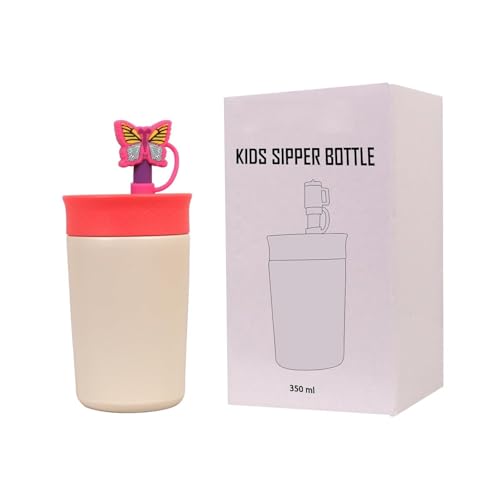 Image of Kids Sipper Bottle for Toddlers with Straw Lid, BPA Free Leak Resistant Training Cup, Easy Grip Design Cute butterfly Cap for School Travel (Off-White , 350 ML)